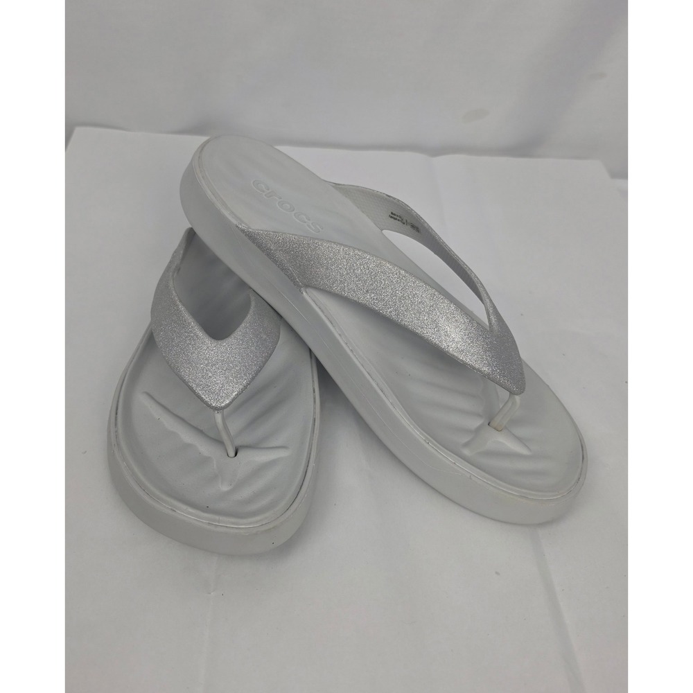 Crocs Women Silver Glitter Platform Flip Flops Grey Sandals Size 10